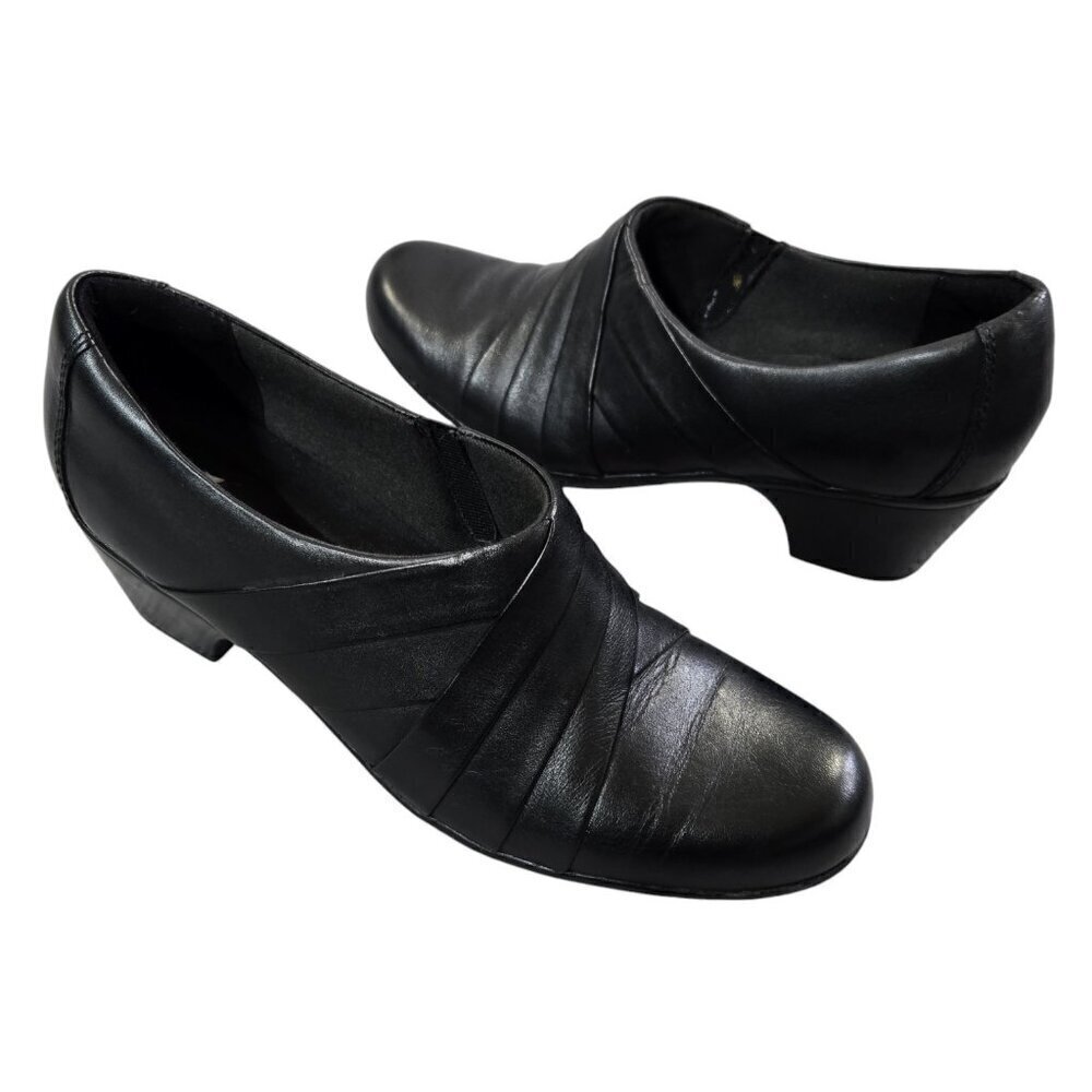 Clarks Ingalls Tempo Black Leather Block Heel Comfort Slip On Booties Office